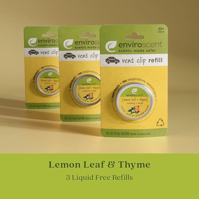 Enviroscent Non-Toxic Car Air Freshener (Lemon Leaf & Thyme) Infused with Essential Oils | Auto Scent Lasting Over 30 Days | 3 Car Vent Clip Scent Pod Refills