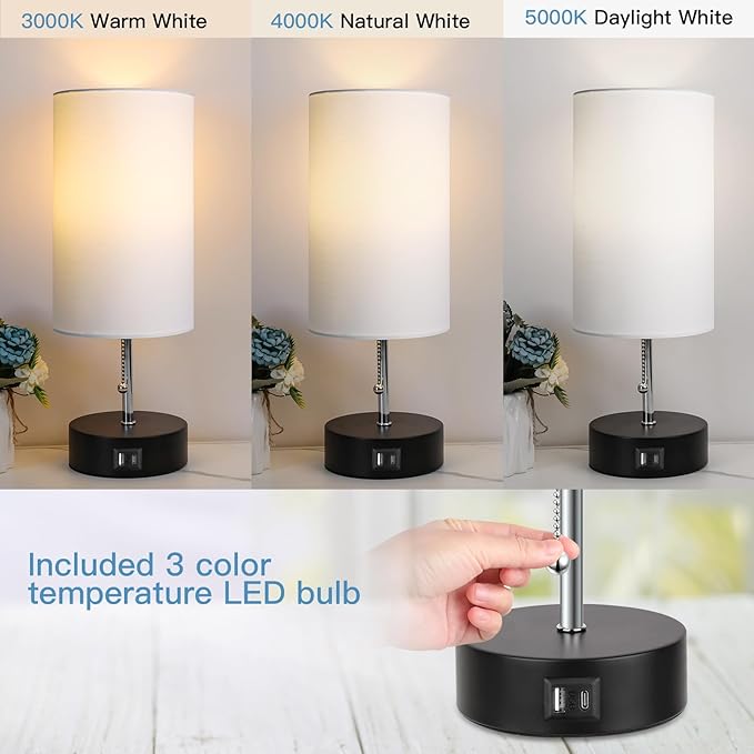 3-Color Temperature Bedside Lamp Nightstand Lamp with USB A Port and C Port, Table Lamp for Bedroom with LED Bulb Small Lamps for Living Room (White)
