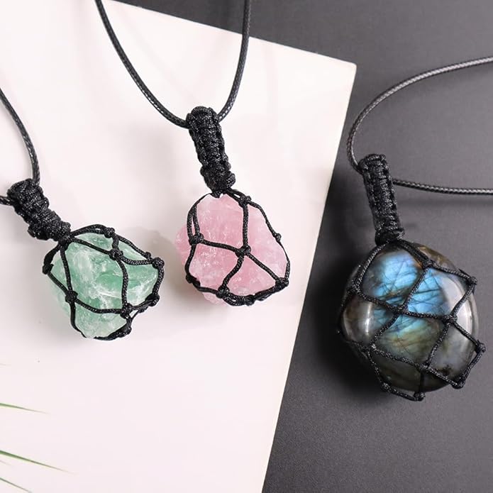 Handmade Natural Gemstone Crystal Pendant Necklace Stone Holder Necklace Cord Net Necklace with Adjustable Length for Women Men