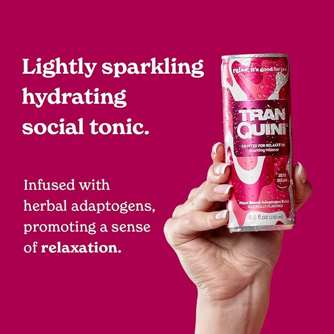 Tranquini Adaptogen Drink, Sparkling Water, Ashwagandha, Gluten & Sugar Free, Calming Non Alcoholic Drinks with L Theanine, Lemon Balm & Chamomile for Stress Support - Hibiscus, 8.5 Fl Oz (Pack of 12)