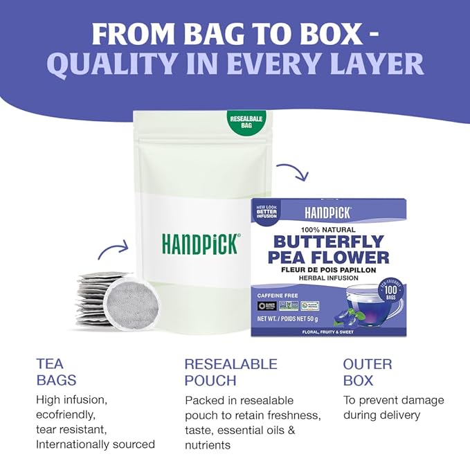 HANDPICK, Butterfly Pea Flower Tea (100 Herbal Tea Bags) | Caffeine Free, Non GMO | Premium Dried Butterfly Pea Flowers For Blue & Purple Drinks, Food Coloring | Iced Teas, Coolers, Cocktails