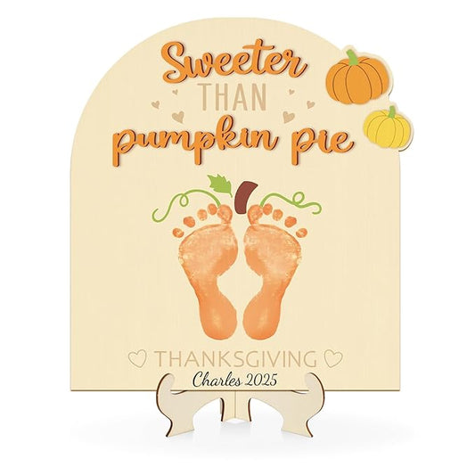 Sereliy Baby's First Thanksgiving DIY Footprint Art Card, Wooden Thanksgiving Baby Sign Keepsake Ornaments for Baby Shower Newborn Photoshoot Prop(Pumpkin)