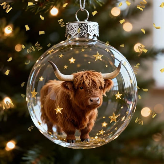2026 Wildlife Wonders Collection Crystal Glass Ornament, Vivid 3D Animal Christmas Decoration, Clear Plastic Xmas Balls, Luxury Winter Tree Decor Sparkling Star Accents,Holiday Ornaments(Highland Cow)