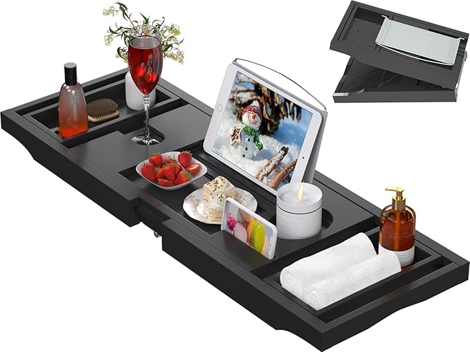 Artmalle Bathtub Caddy Tray - Expandable and Foldable Bath Tray for Tub, Luxury Bamboo Bath Caddy Tub Table, Bathtub Accessories with Book Holder and Free Soap Dish, Black