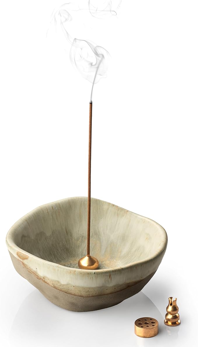 Incense Burner, Ceramic 4 in 1 Incense Holder, Unique Round Shape Incense Holder for Sticks, Handcrafted Incense Cone Burner with 3 Incense Sockets for Meditation Space, Yoga, Gray-Green