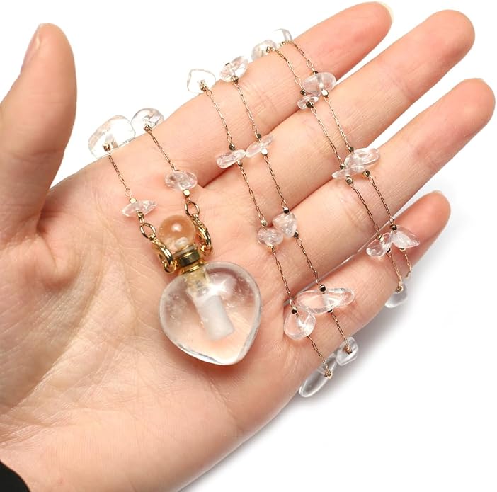 1pcs Natural Amethyst Stone Perfume Bottle Pendant Pearl Bead Chain Rectangle Heart Necklace for Women Jewelry Free Accessory Glasses