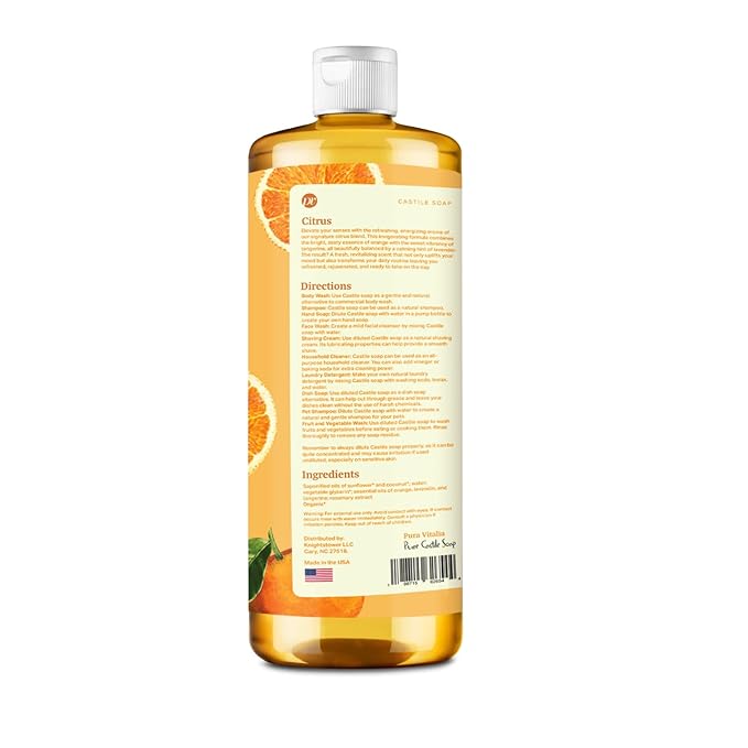 Citrus Organic Castile Soap | Body Wash & Cleanser for Face & Hands | Biodegradable, Eco-Friendly, Palm Oil Free, Vegan & Gentle | Made with 6 Natural Ingredients - 32 oz