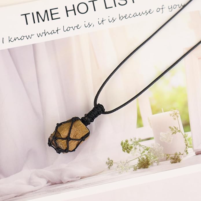 Handmade Natural Gemstone Crystal Pendant Necklace Stone Holder Necklace Cord Net Necklace with Adjustable Length for Women Men