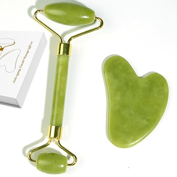 Natural Jade Roller & Gua Sha Set, Self Care Colorful Gift for Face Eye Neck Massager for Women Men, Jade Gua Sha Tool for Face for Skin Care, Improves Skin Tone-Beauty & Skincare (Green)