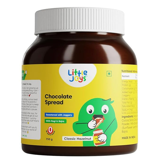 Little Joys Chocolate Spread. No Sugar, No Palm Oil, No Preservatives. Made with Multi Millets. Sweetened with Dates. Rich Hazelnut, Cocoa. 26.45 Oz