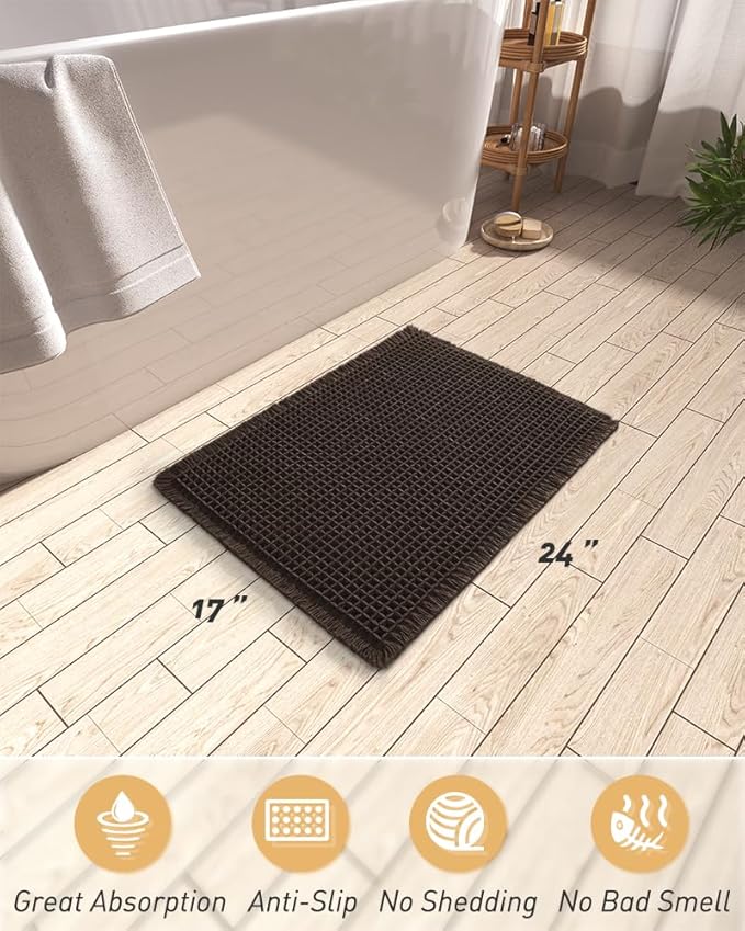 AMOAMI Upgraded Waffle Bath Mat, Super Absorbent Non Slip Bath Mats for Bathroom Floor, Machine Washable Bathroom Rugs with Tassels, Rubber Backed Bathroom Mats, Ultra Soft, 17" x 24", Chocolate