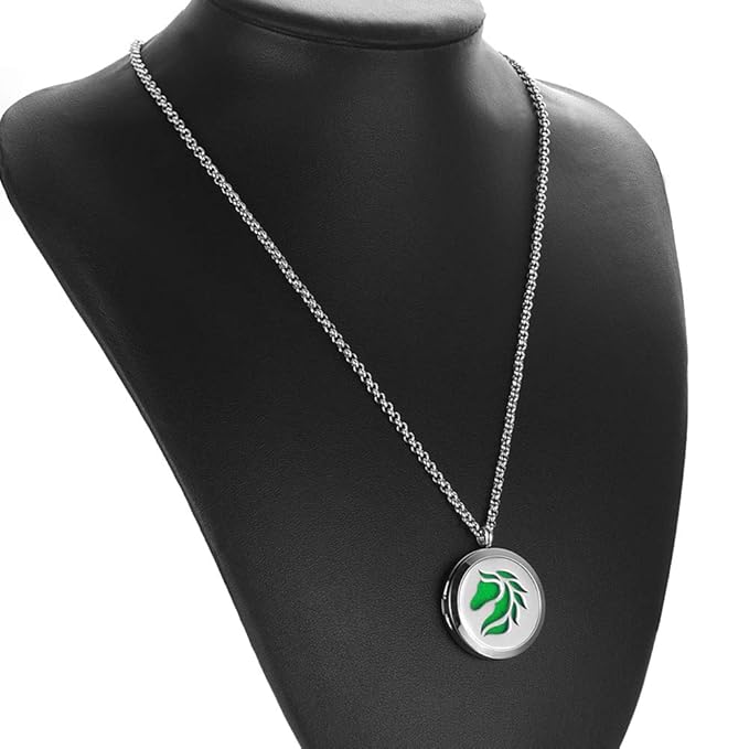 Essential Oil Diffuser Necklace Aromatherapy Jewelry Stainless Steel Horse Animal Locket Pendant with 24 inch Chain 8 Pads Birthday Christmas Jewelry Gift for Women Men