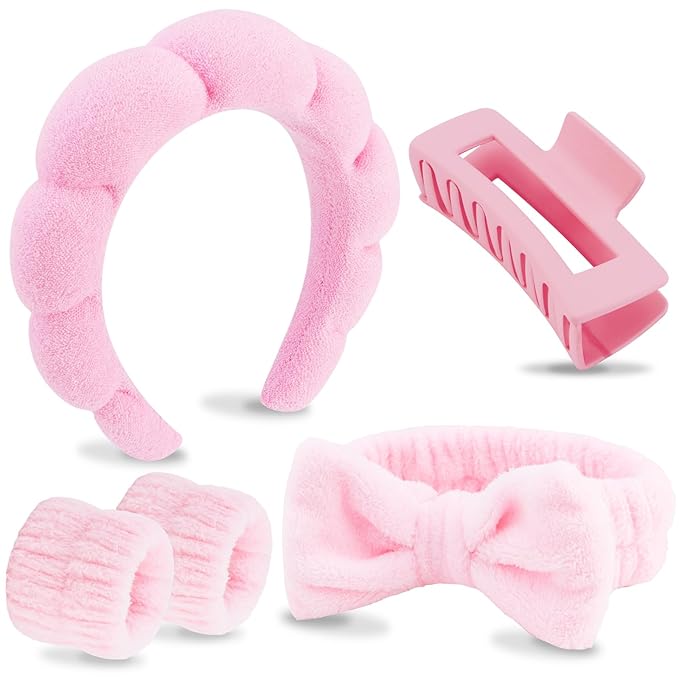 VELSCRUN Spa Headbands for Wash Face, Makeup Headband, Facial Skincare Headbands, 5 Pcs Pink Puffy Sponge Spa Headband Bow Tie Hair Band Hair Clips Wristband Set Women Girls Accessories
