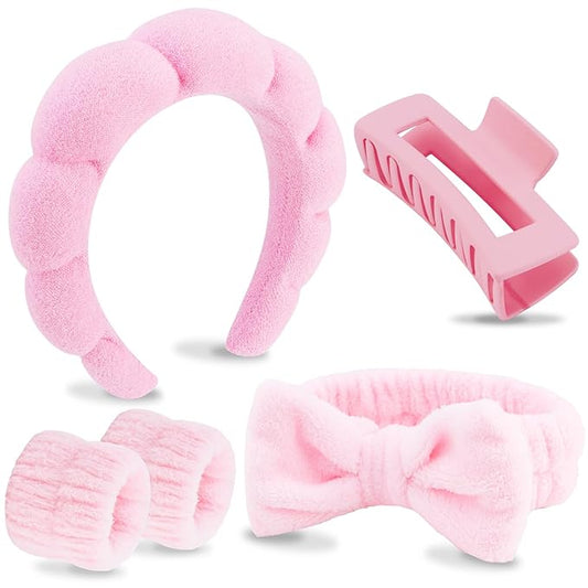 VELSCRUN Spa Headbands for Wash Face, Makeup Headband, Facial Skincare Headbands, 5 Pcs Pink Puffy Sponge Spa Headband Bow Tie Hair Band Hair Clips Wristband Set Women Girls Accessories