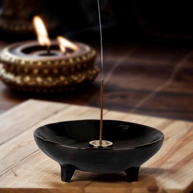 Incense Holder, Ceramic Burner Bowl with 9-Hole Insert, Tripod Design & Ash Catcher, for Sticks, Cones, Sage & Palo Santo – Handmade, Heat-Resistant & Easy to Clean, 6.15-Inch (Black)
