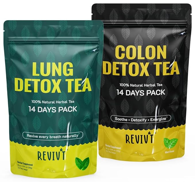 REVIVT Colon & Lung Detox Tea Kit | 2-in-1 Herbal Tea Set, 14 Bags Each for Gut Cleanse & Respiratory Health, Daily Wellness Support