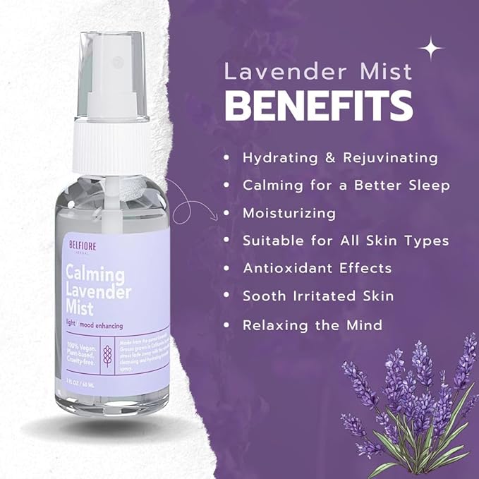 100% Natural Lavender Mist Spray, Organic Face Body Hair Hydrating Mister, Calming for Better Sleep, Vegan non-GMO, 2 ounce