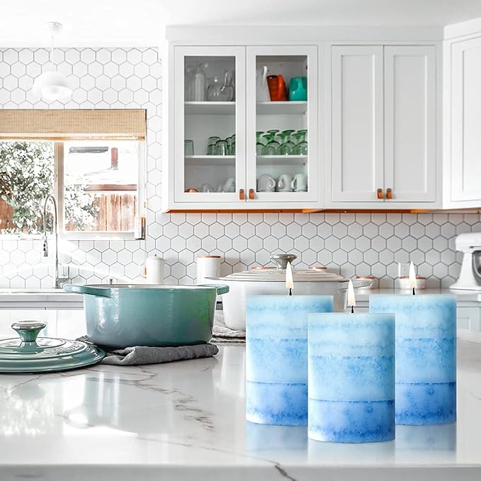 3x4 inch Blue Pillar Candles for Home Scented 3 Pack Lilac Garden Scented Long-Lasting Hand-Poured Candle Coastal Decoration Gifts for Women Wedding Party Shower Bathroom Decor