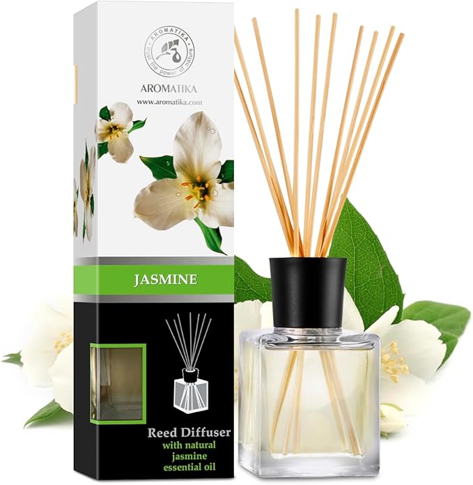 Jasmine Reed Diffuser w/Natural Essential Jasmine Oil 6.8 Fl Oz - Fresh & Long Lasting Fragrance - Scented Reed Diffuser - Gift Set w/Bamboo Sticks - Best for Aromatherapy - SPA - Home