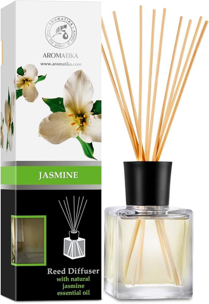 Jasmine Reed Diffuser w/Natural Essential Jasmine Oil 6.8 Fl Oz - Fresh & Long Lasting Fragrance - Scented Reed Diffuser - Gift Set w/Bamboo Sticks - Best for Aromatherapy - SPA - Home