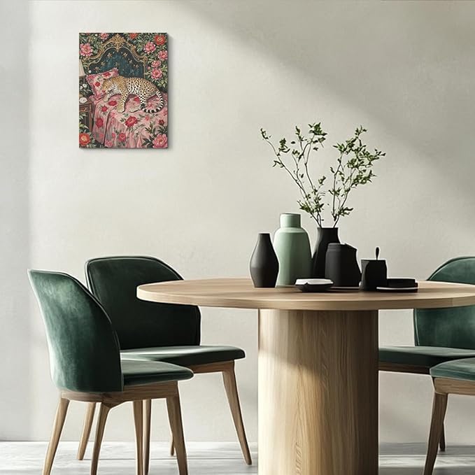 Leopard in Bed Wall Art, Mid Century Vantage Animal Portrait Oil Painting Canvas Framed Prints Modern Decorations, Maximalist Leopard Poster for Bedroom Living Room Entryway Aesthetic