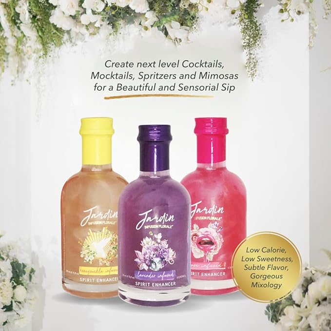 Jardin - Gift Set - Premium Cocktail Mixers - Sugar-Free Syrups - Shimmer Spirit Enhancer for Cocktails & Mocktails - For Events, Parties & Favors - Rose, Honeysuckle & Lavender - 3 Pack (6.76 fl oz)