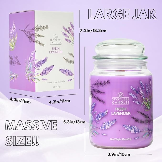 Fresh Lavender Candle 22oz Glass Jar with Wooden Wick in a Decorated Jar Within a Presentation Gift Box and Protective Shipping Box