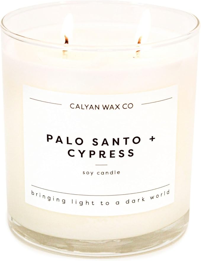Calyan Wax Co. 2 Wick Candle, Palo Santo + Cypress Scented Candle, 37 Hour Burn Time, Aromatherapy Soy Candles, Non Toxic & Vegan Soy Wax, Glass Tumbler Scented Candles, 12.5oz