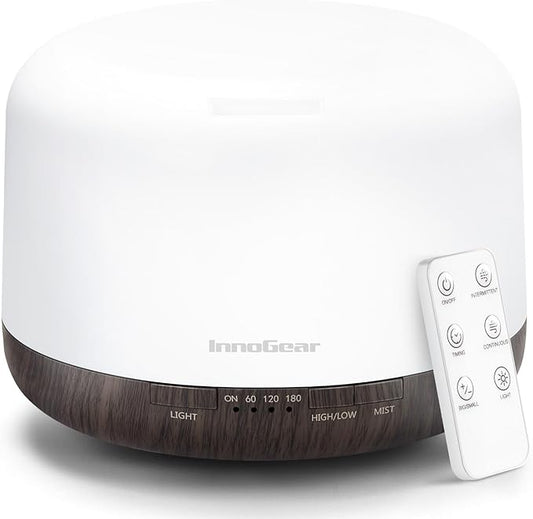 InnoGear 500ml Essential Oil Diffuser with Remote Control, Premium Ultrasonic Aromatherapy Diffusers Scent Humidifier Vaporizer Auto-Off Timer for Large Room Home, Brown