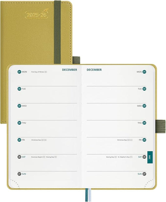 BEZEND Pocket Planner 2026 Weekly and Monthly (3.5" x 6"), 2-Column Calendar Book for Purse (Jul 25-Dec 26), Dual Schedule for Daily Appointment, Inner Pocket, PU Leather Hardcover - Mustard