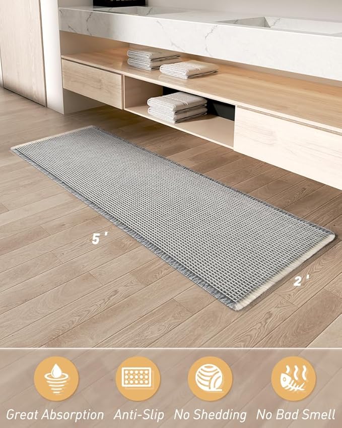 AMOAMI Upgraded Waffle Runner Rug Super Absorbent Non Slip Bath Mats for Bathroom Machine Washable Bathroom Runner Rug with Tassels, Ideal for Hallway Bedroom Laundry Room, 2' x 5', LightGrey & Cream