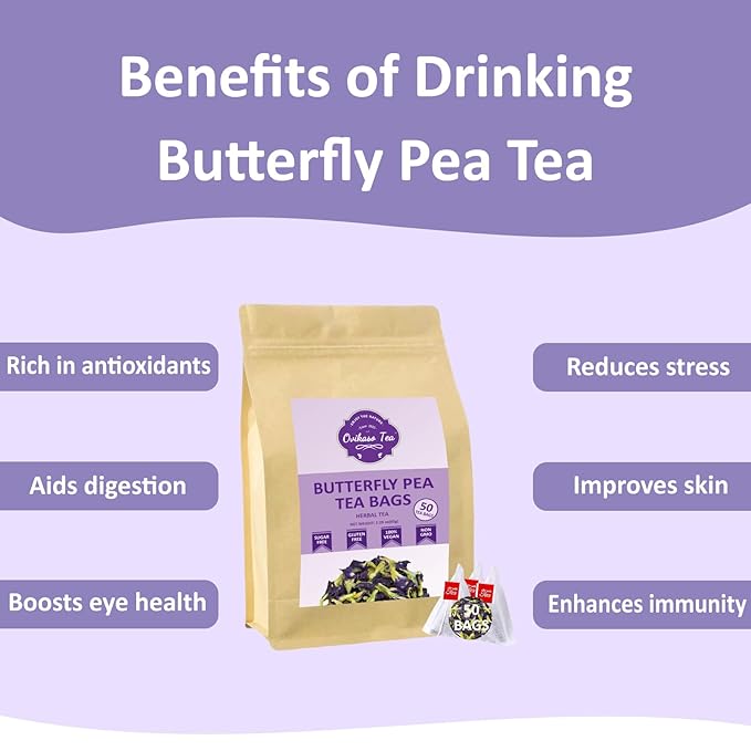 Ovikaso Tea, Butterfly Pea Flower Tea Bags, 50 Pyramid Tea Bags, 1.3g/bag, 100% Natural, Non-GMO, No Caffeine, Brew Hot or Iced tea, Baking, Cocktail, Herbal Tea