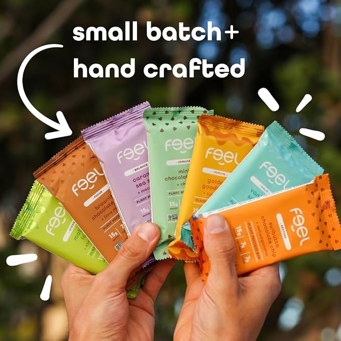 Feel Vegan Protein Bars | Chocolate Lovers | Keto | Gluten Free | Organic | Lions Mane | Chaga | Ashwagandha | 15g Protein | Low Sugar | Non GMO | Sunbutta + Brownie + Mint - 9 Pack