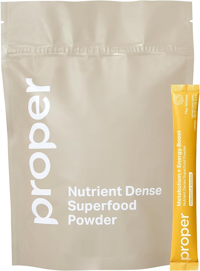 Proper, The Yellows Metabolism and Energy Boost, Sugar Free Energy Drink Powder with 100mg Caffeine. No Creatine or Beta-Alanine. 15 Servings, Pineapple Mango Drink Mix for Men and Women