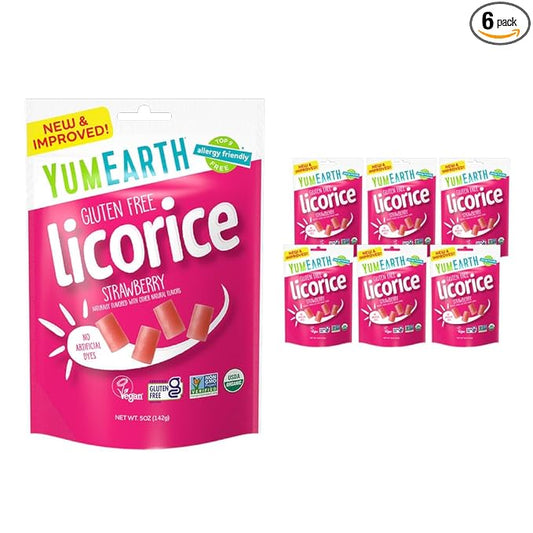 YumEarth Organic Gluten Free Strawberry Licorice Snack Packs - Allergy Friendly, Gluten Free, Non-GMO, Vegan, No Artificial Flavors or Dyes - 5 Ounce (Pack of 6)