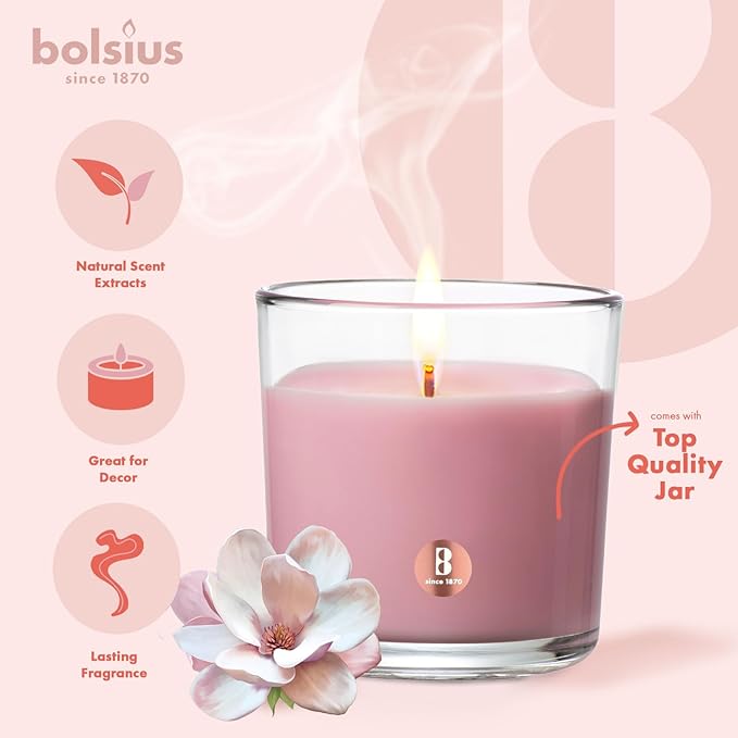 Bolsius Magnolia Scented Candle - 43+ Hour Burn Time, Plant-Based Wax, Smokeless, 8oz Jar