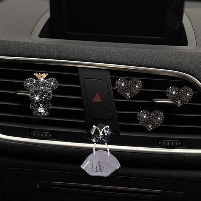 Black Heart & Bear Air Vent Clips, 4 Pcs Bling Heart Car Air Fresheners Diamond Car Diffuser Car Interior Decor Charm Cute Car Accessories Car Decoration for Women + Cute Butterfly Mask Hook