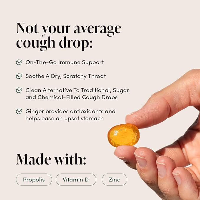 Beekeeper's Naturals Soothing Honey Ginger Lemon Cough Drops - Immune Support with Vitamin D, Zinc and Propolis Throat Soothing Lozenges, 14 Ct