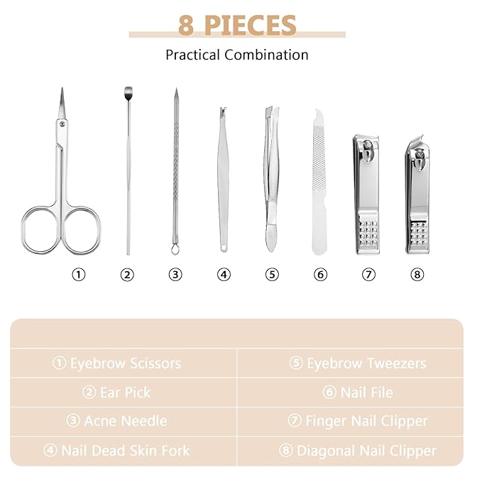 Geosar 12 Set 8 in 1 Manicure Set Stainless Steel Nail Clippers Kit Pedicure Care Tools with Leather Case Travel Grooming Kit Gift for Women Men(Glitter Rose Gold)