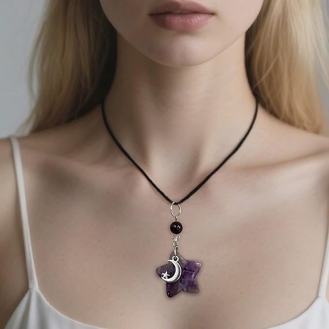 CASONA Purple Crystal Star Car Charm,Rearview Mirror Dangling Accessories,Boho Car Hanging Ornament with Moon Bead,Spiritual Purple Decor for Women