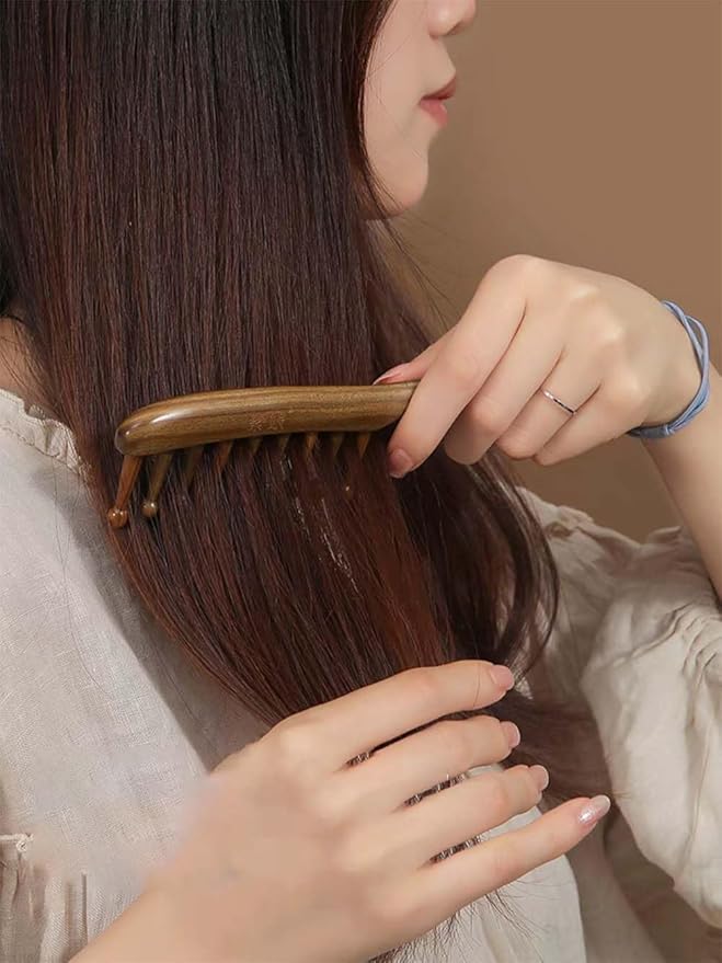 Green Sandalwood Nine Teeth Meridian Massage Comb for Hair Growth, Scalp Massage, Facial Care and Body Relaxation, Unique Gift for Women and Men, Size 7.9x1.8 inches, Color Green, HAIR COMB