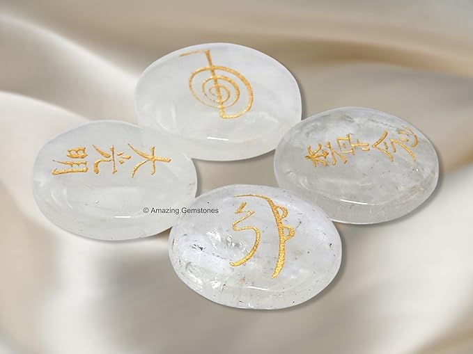 Amazing Gemstone Clear Quartz Crystal Reiki Stones with Engraved Symbols for Usui Reiki Healing, Set of 4 Pcs (Indian Handmade Reiki Gift Set)
