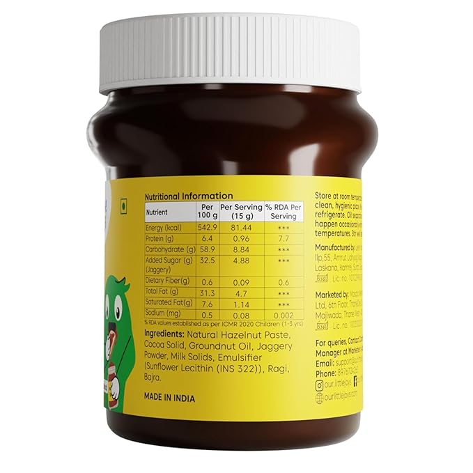 Little Joys Chocolate Spread. No Sugar, No Palm Oil, No Preservatives. Made with Multi Millets. Sweetened with Dates. Rich Hazelnut, Cocoa. 26.45 Oz
