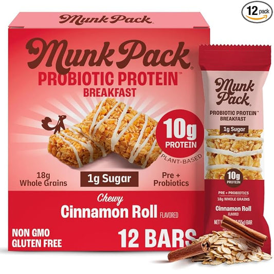 Munk Pack Probiotic Protein Breakfast Bars - 10g Plant Protein, 1g Sugar, 6g Fiber – For Adults & Kids, Low Sugar Snack, Gluten-Free, Diabetic-Friendly, Non-GMO, Cinnamon Roll - 12 Pack