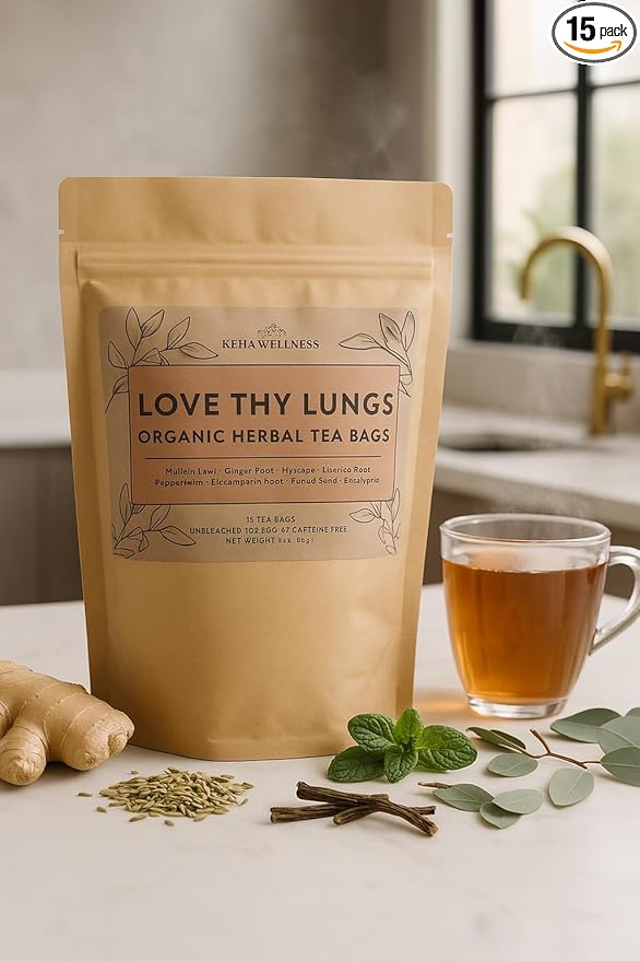 Keha Wellness Organic Love Thy Lungs Herbal Tea Bags, 15 Extra Full and Flavorful Tea Bags, Lung Cleanse and Health Tea, Respiratory Support, Caffeine Free, Made in the USA