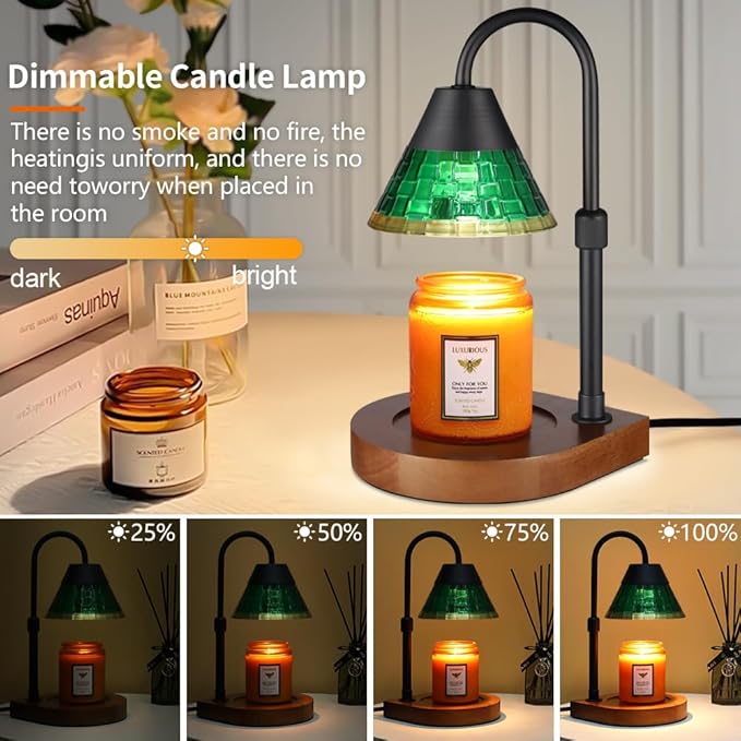 Dimmable Candle Warmer Lamp with Timer, Electric Wax Melt Warmer for Scented Jar Candles Adjustable Height Mothers Day Birthday Gifts for Women Mom Grandma, Home Offices Decor Light(Greens Glass)