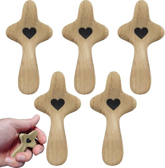 Atlodas Cross My Heart, Encouragement Gift, Relieve Anxiety Comfort for Clutching, Clinging and Praying, Pocket Olive Wood Cross Religious Gift for Children and Adults (B, 5Pcs)