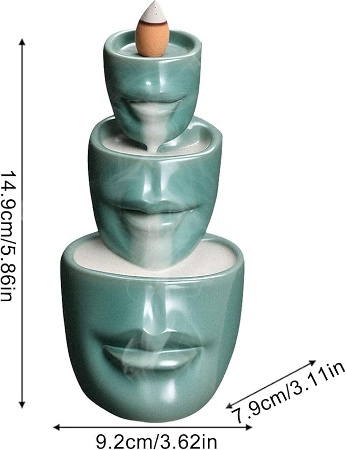 Comeon Backflow Incense Burner Holder, Face Handicraft Decor, Resin Reverse Flow Incense Burner Censer Cone + 20 Backflow Incense Cones 30 Incense Sticks 1 Tweezer 1 Mat (Matte Green)