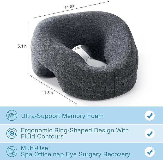 Face Down Pillow for Bed, Massage Headrest Face Pillow After Eye Surgery, Memory Post-Eye Recovery or Beach Tanning, Prone Sleepers with Breathable Desig (Dark Gray)