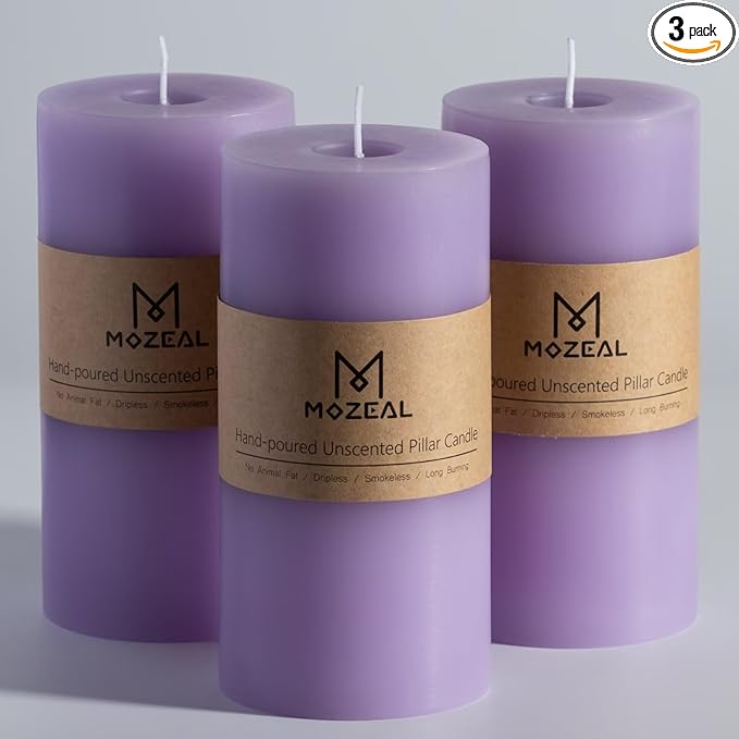 MOZEAL 3" x 6" Hand-Poured Unscented Candle,Dripless Pillar Candle Set of 3, Long Lasting Burning,Approx 120 Hours Burn Time,Rustic Country Style, for Serene Evenings, Relaxing Lavender Decor,Lavender
